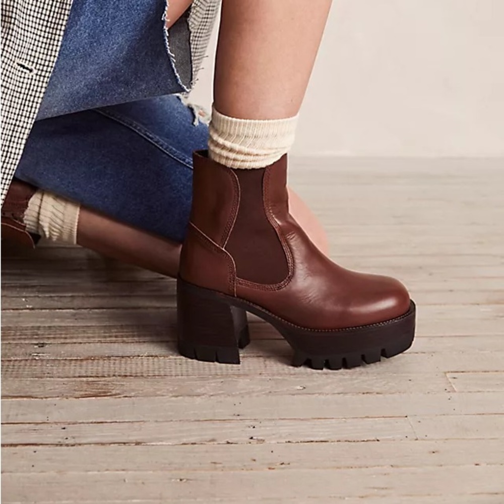 Jeffrey Campbell Free People Preston Platform Ankle Boots Cognac Brown